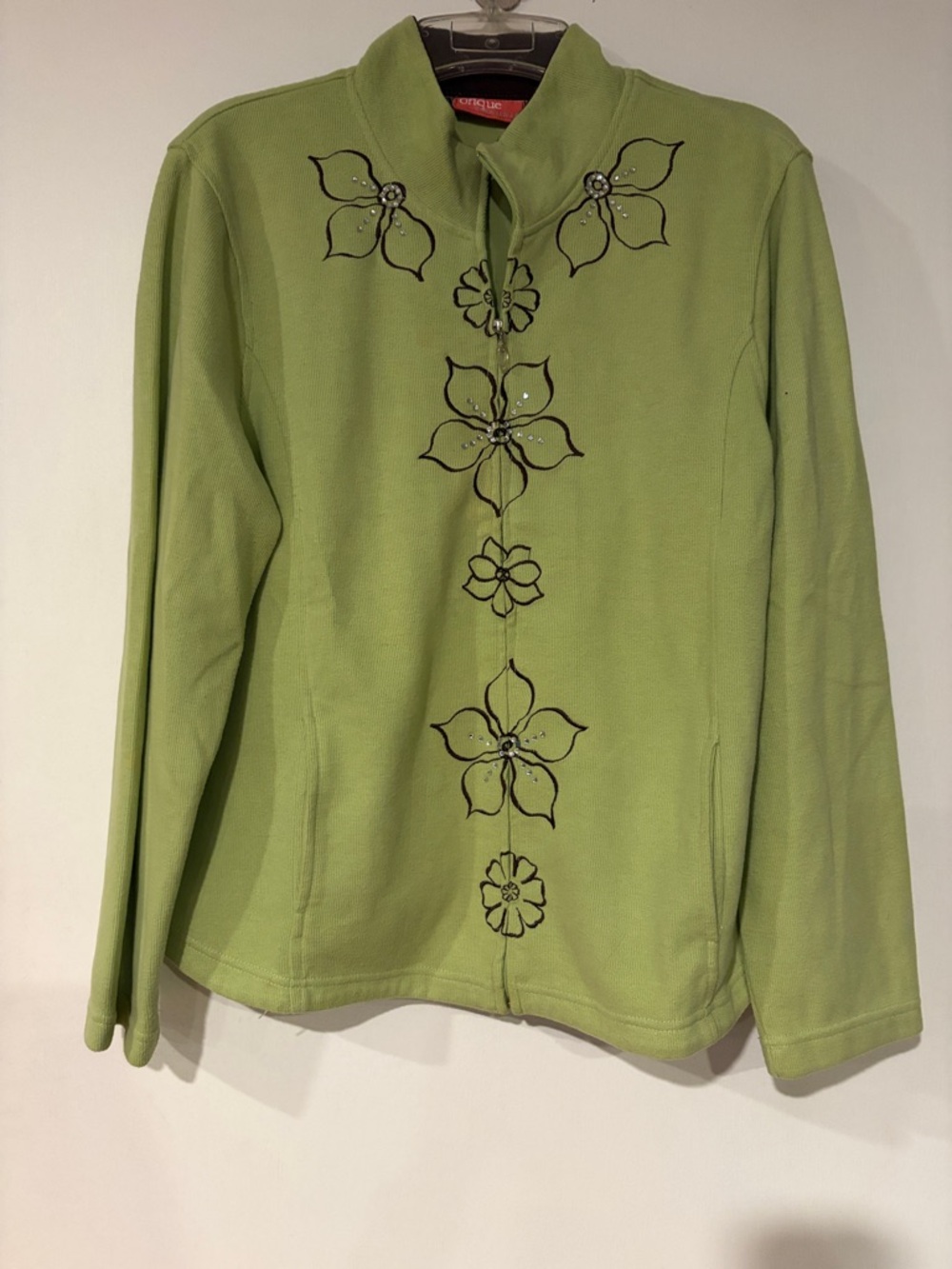 Onque Casuals Light Green Cardigan with Brown Trim